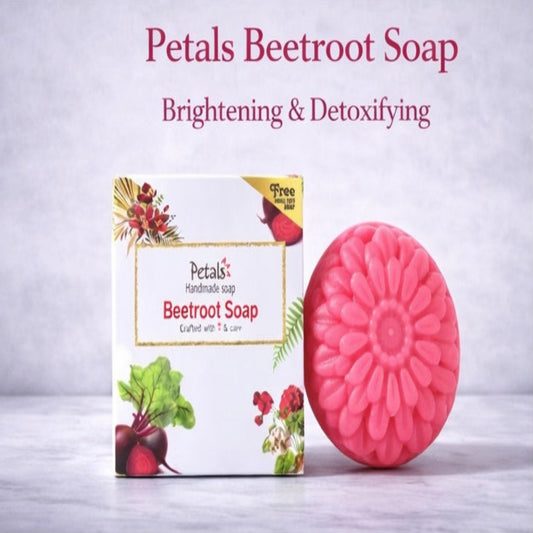 Petals Beetroot Soap with packaging on a light gray background