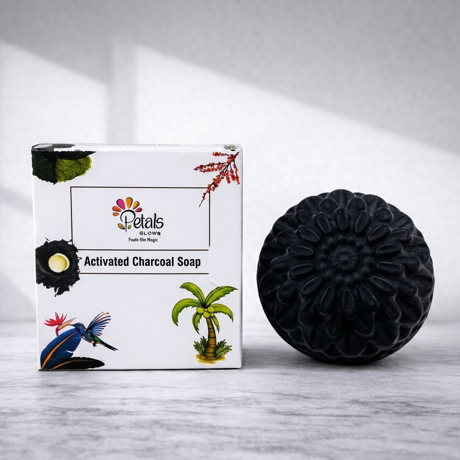 Black activated charcoal soap next to its packaging on a light gray surface