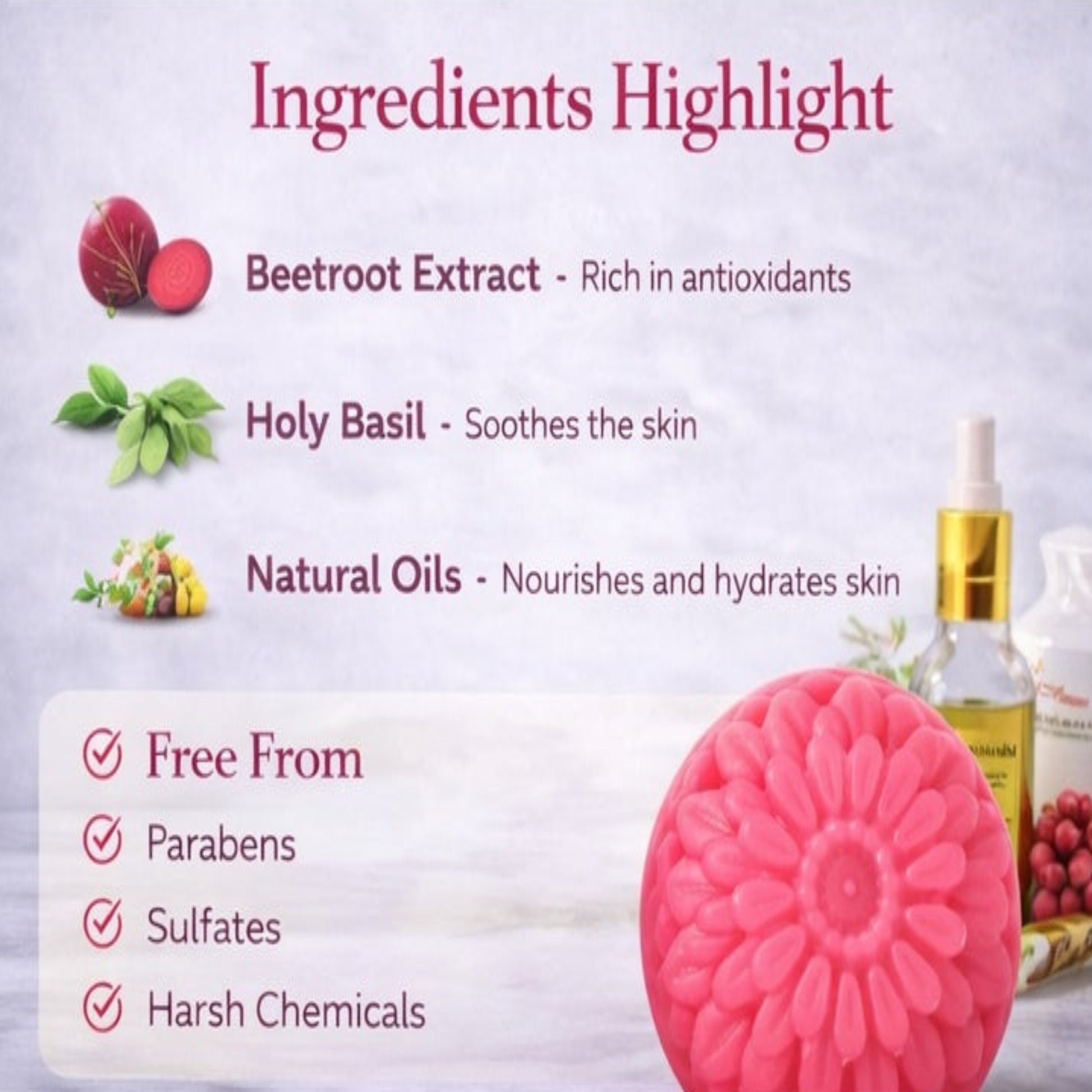 Product packaging with ingredients highlighted, including beetroot extract and holy basil, on a light background.