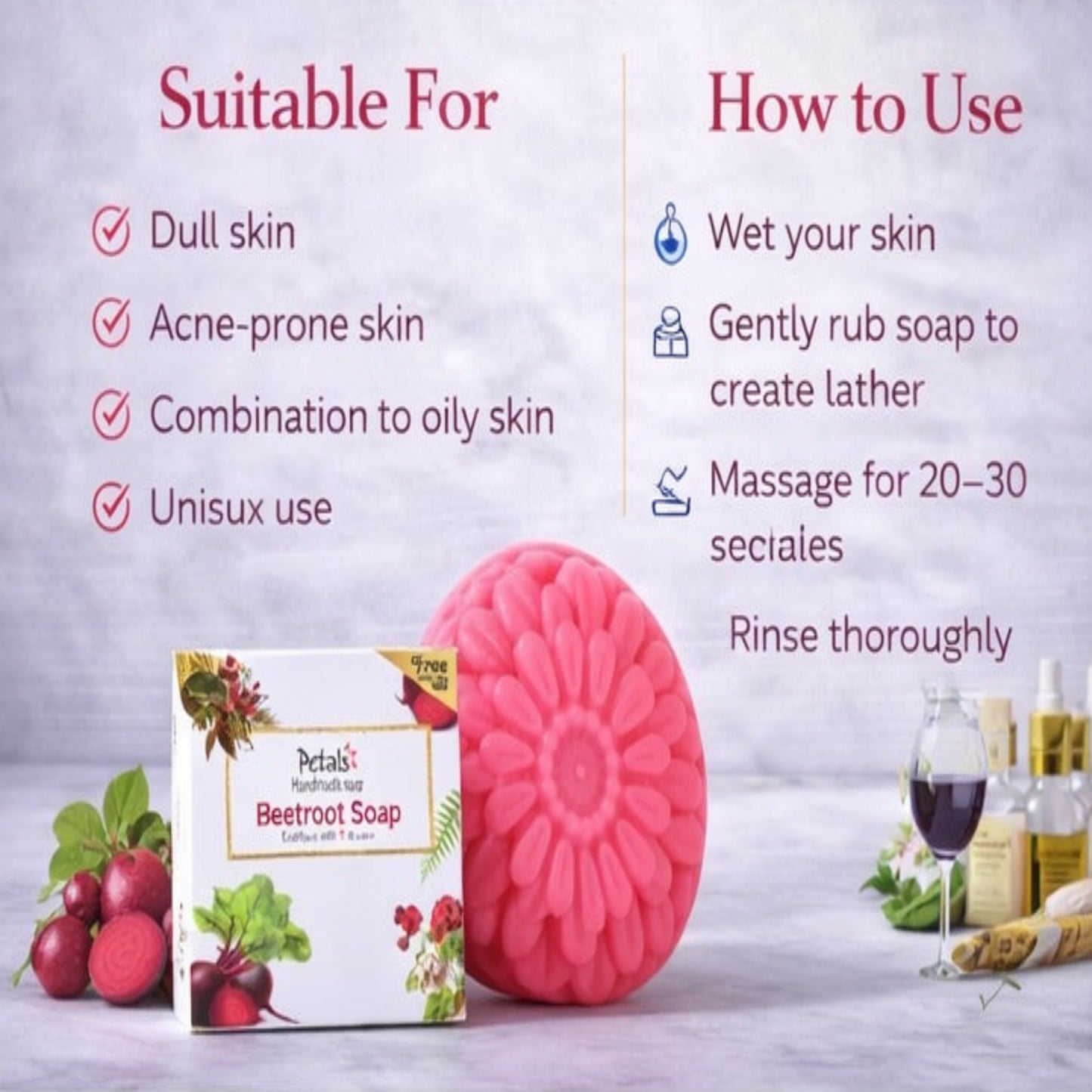 Pink beetroot soap with packaging and usage instructions on a light gray background