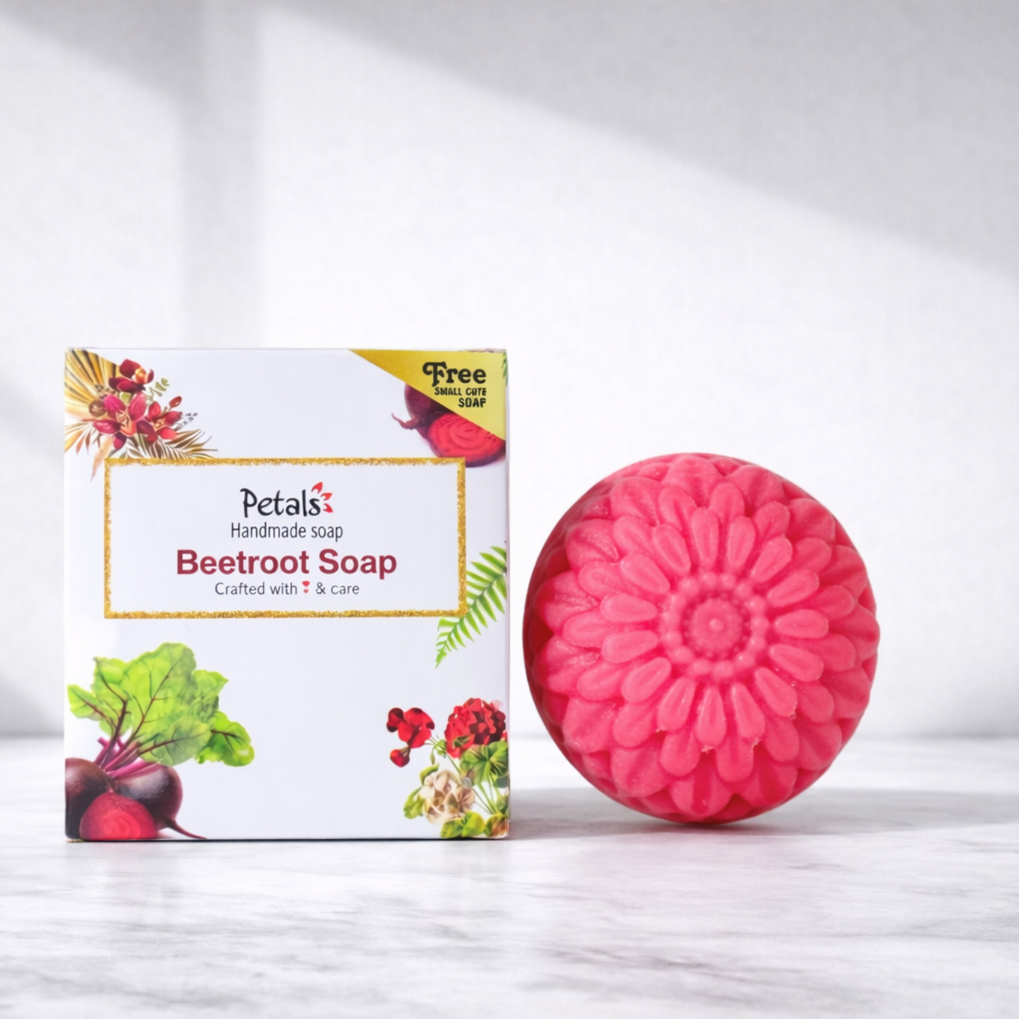 Pink beetroot soap with packaging on a white background