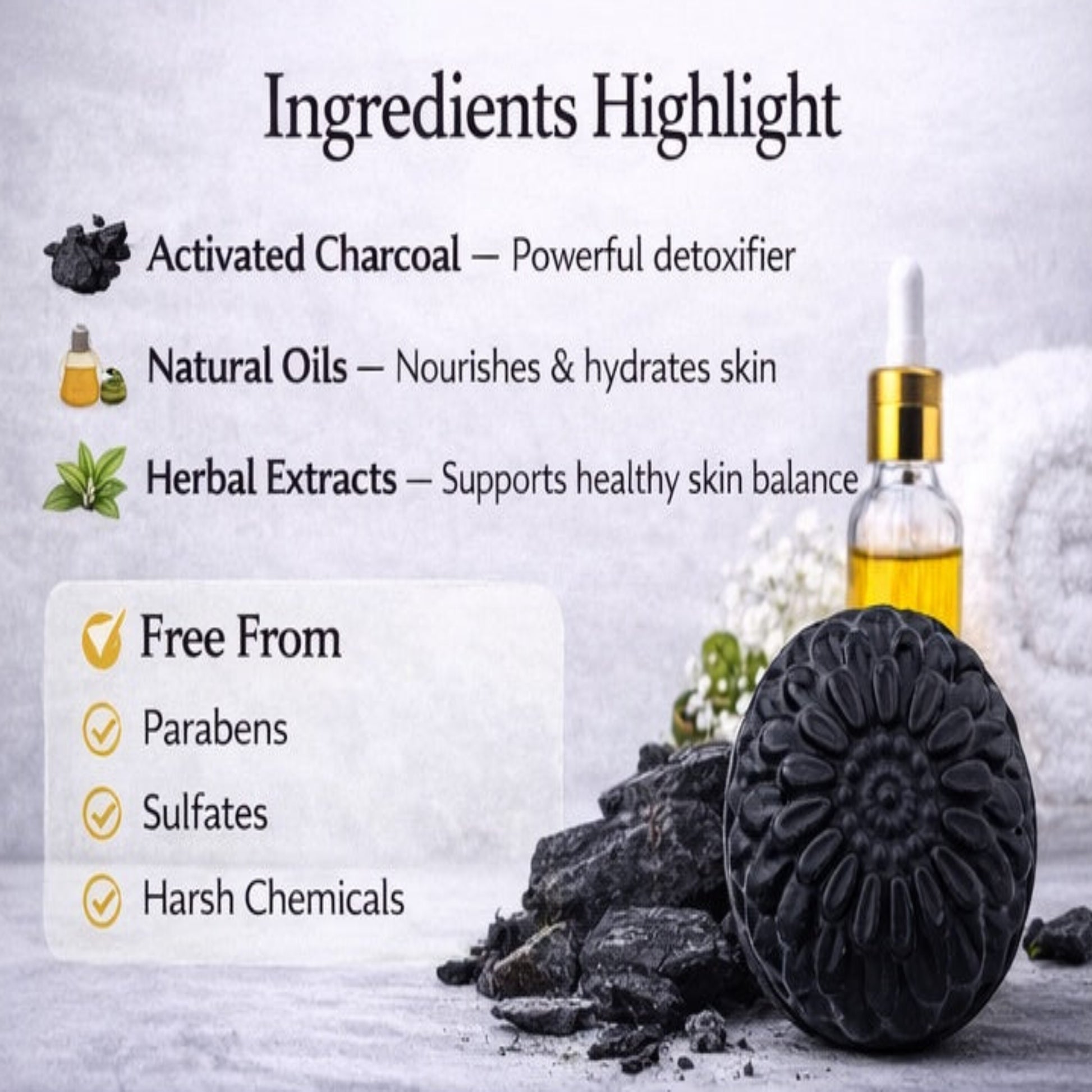 Product ingredients highlight with activated charcoal, natural oils, and herbal extracts on a light background.
