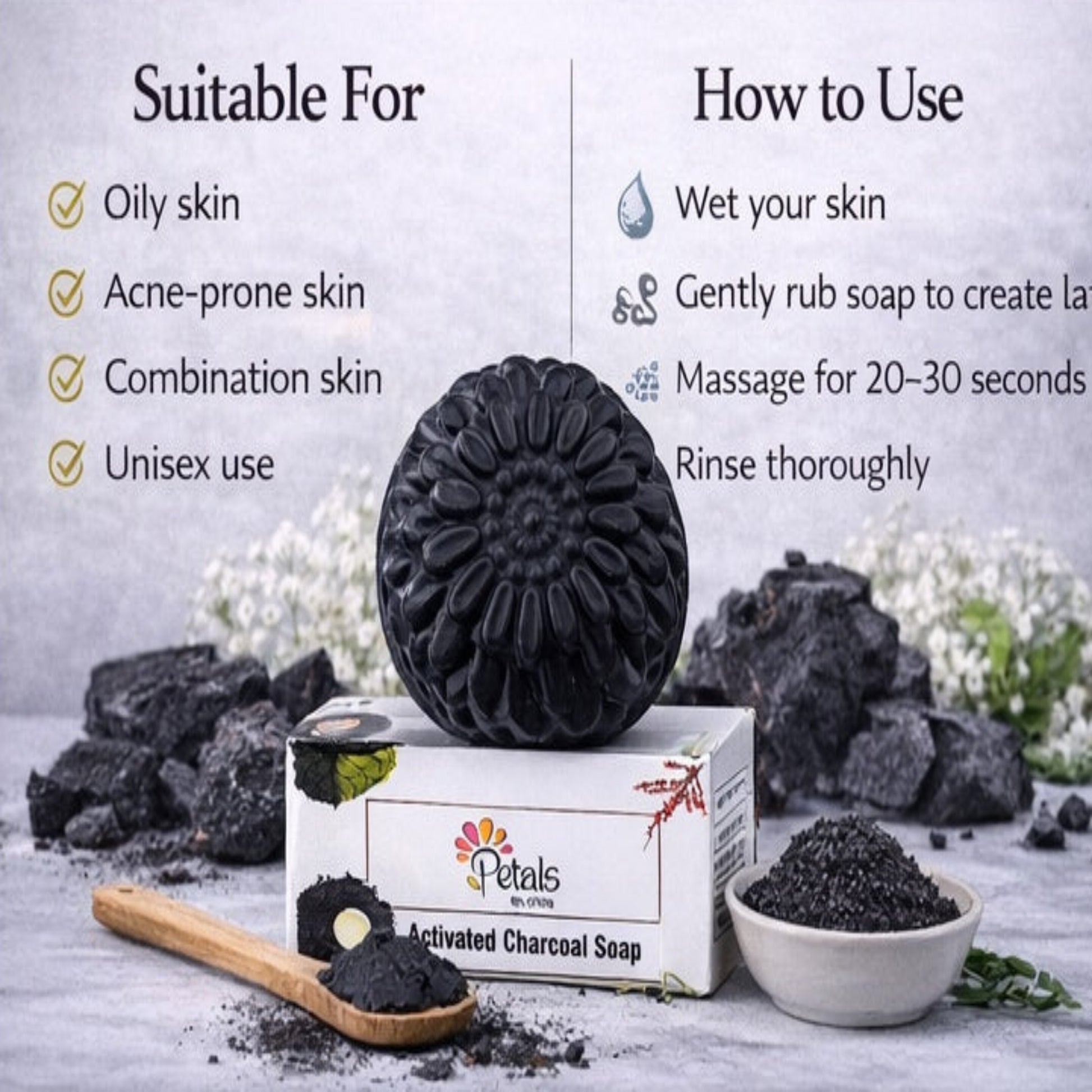 Activated charcoal soap with packaging and usage instructions on a neutral background