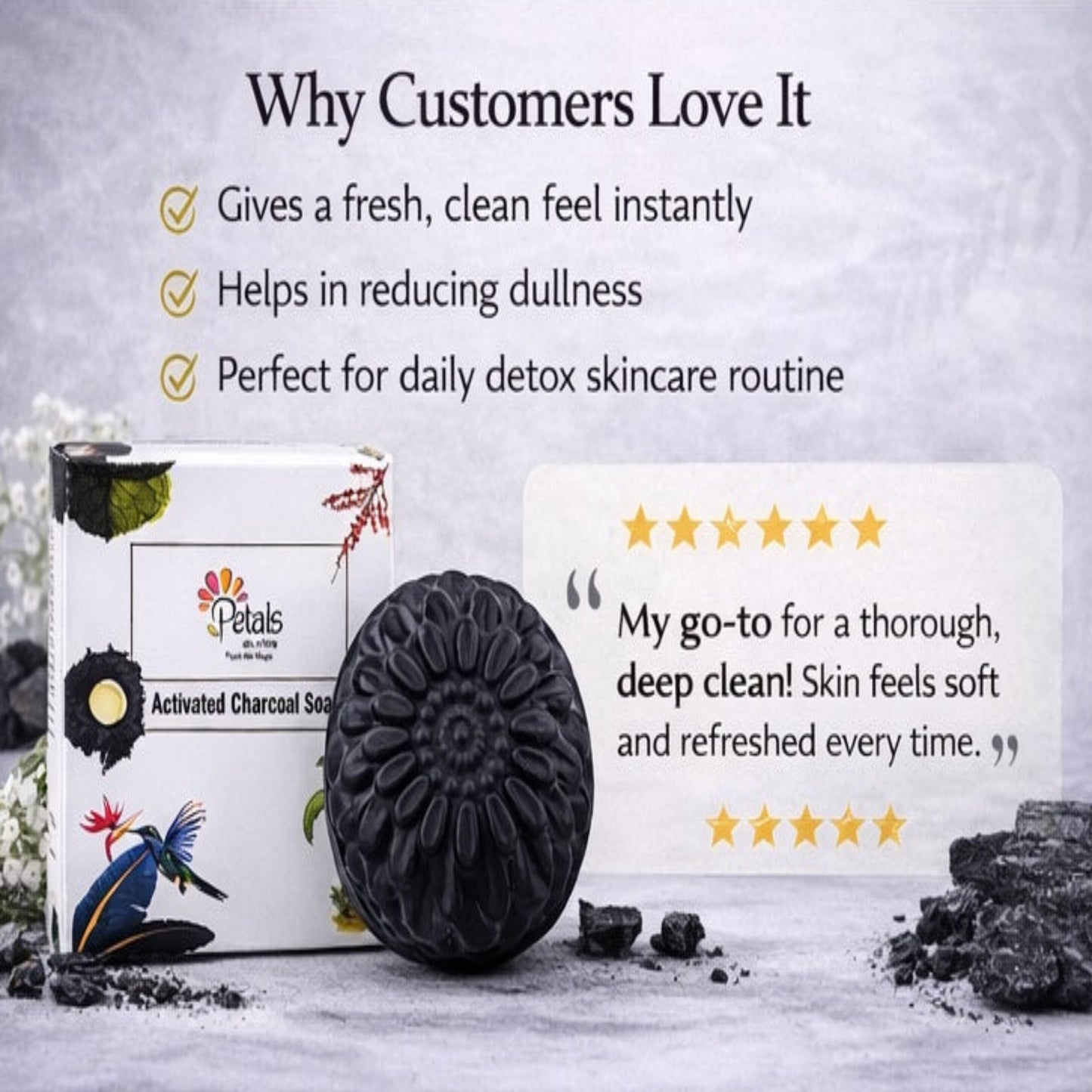Activated charcoal soap with packaging and customer feedback on a light background