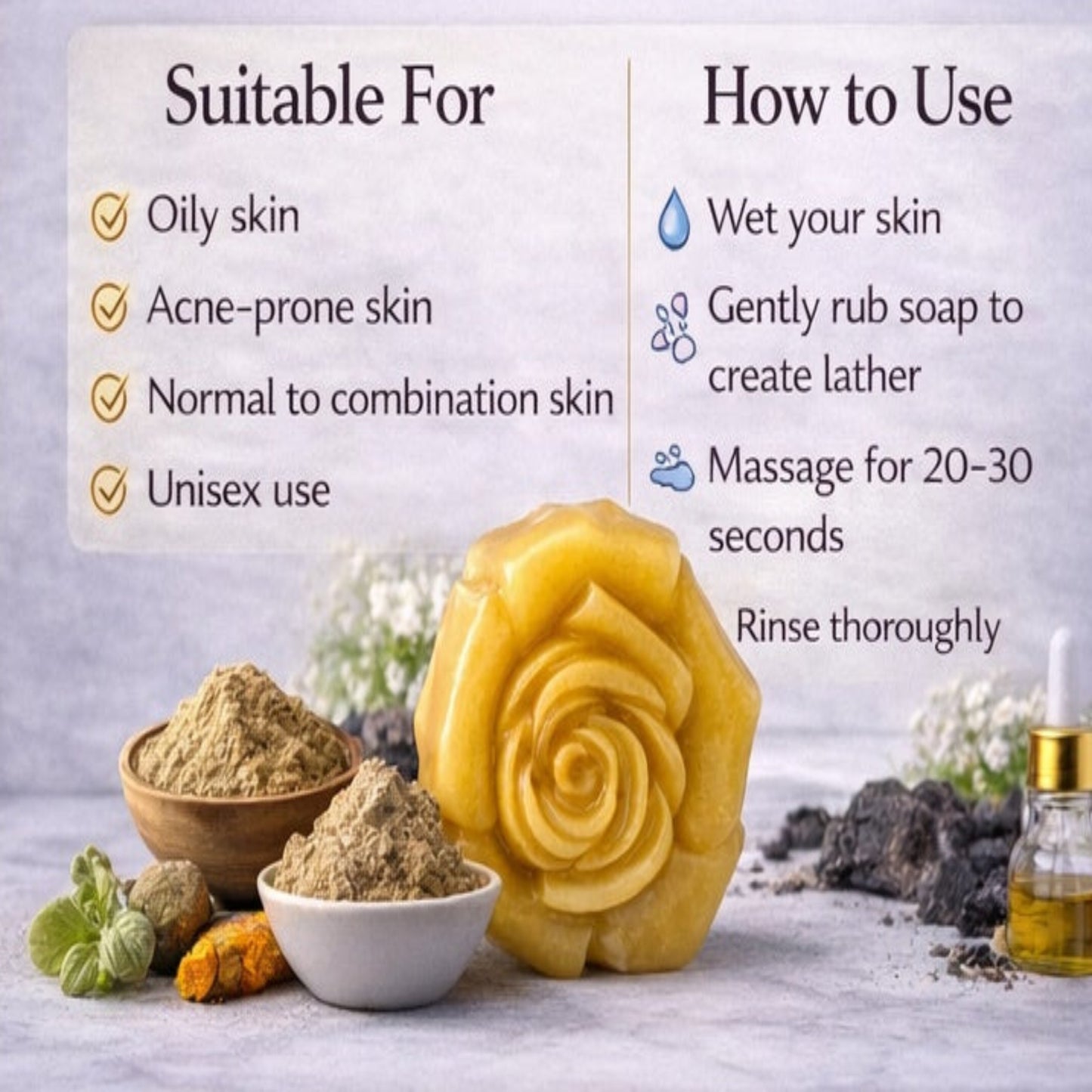 Soap bar with a rose design and instructions on how to use it, suitable for various skin types.