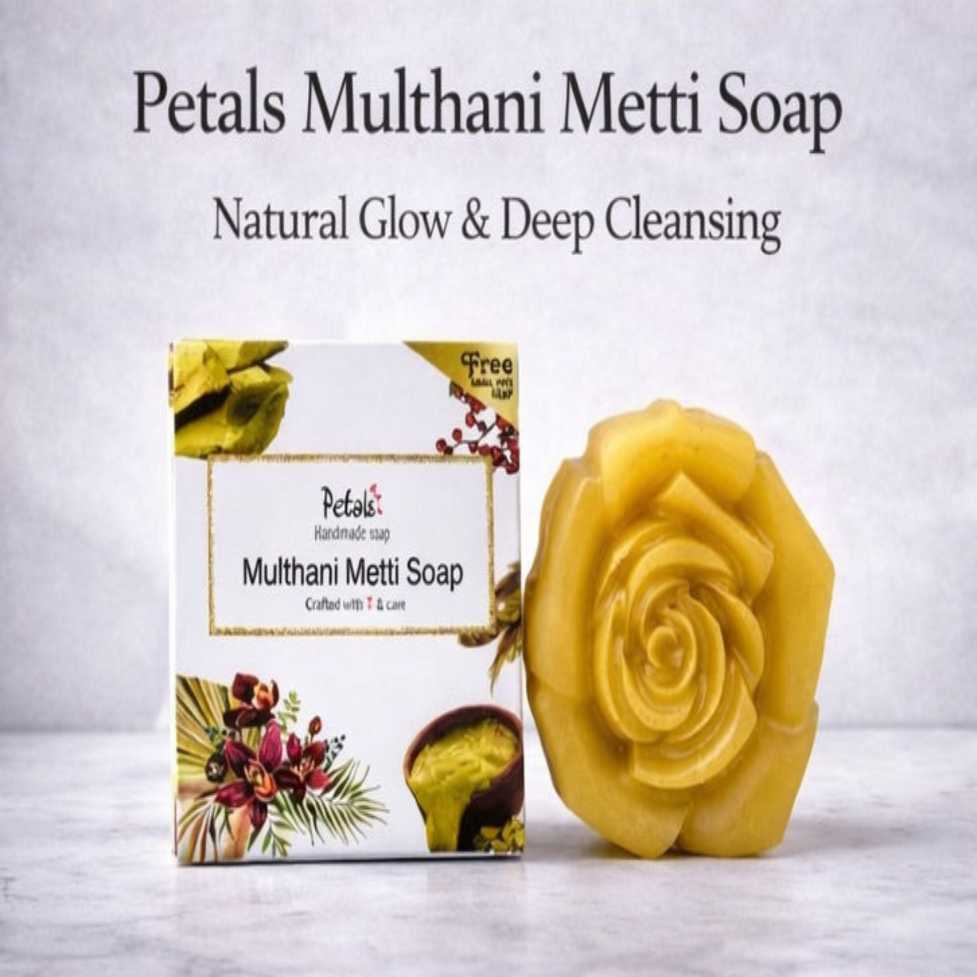 Petals Multhani Metti Soap with packaging on a light gray background