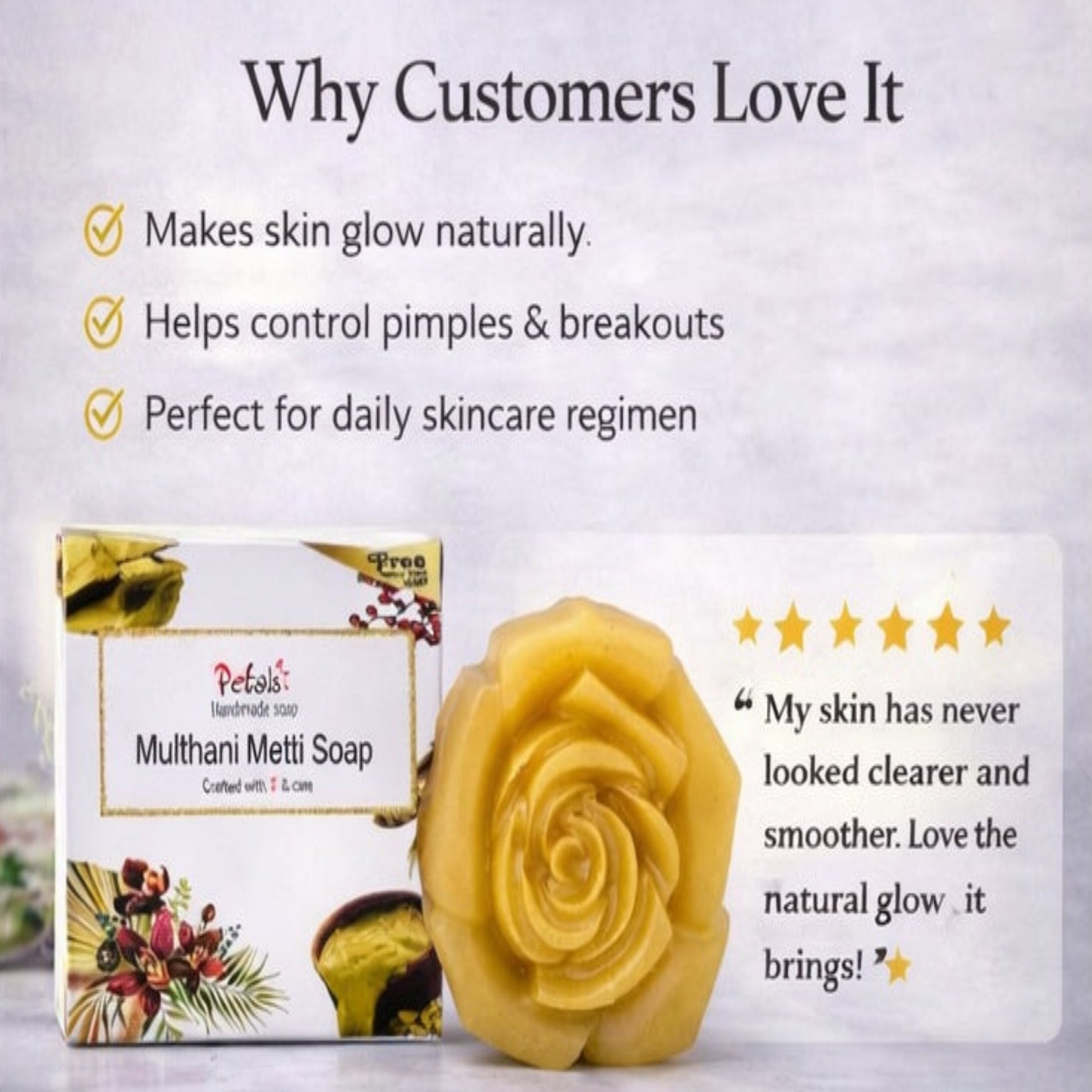 Multani Metti soap with packaging and customer feedback on a light gray background