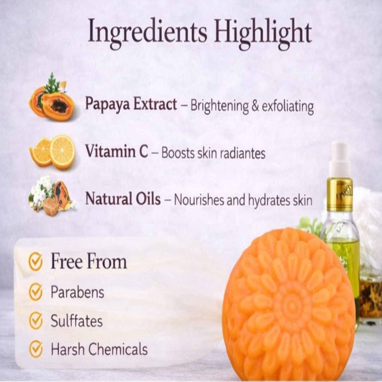 Product packaging with ingredients highlighted, including papaya extract and vitamin C, on a light gray background.