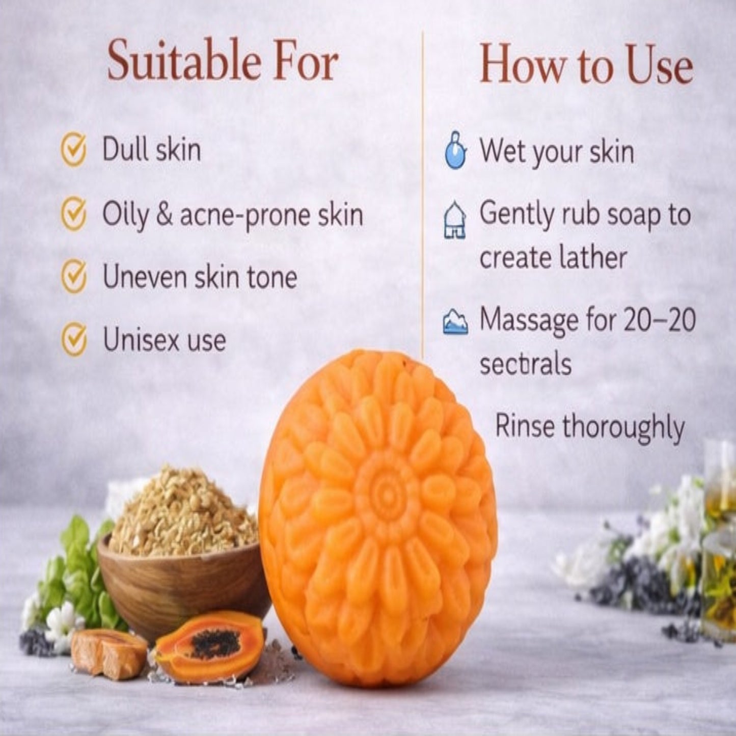 Orange soap bar with text on its suitability for different skin types and usage instructions.