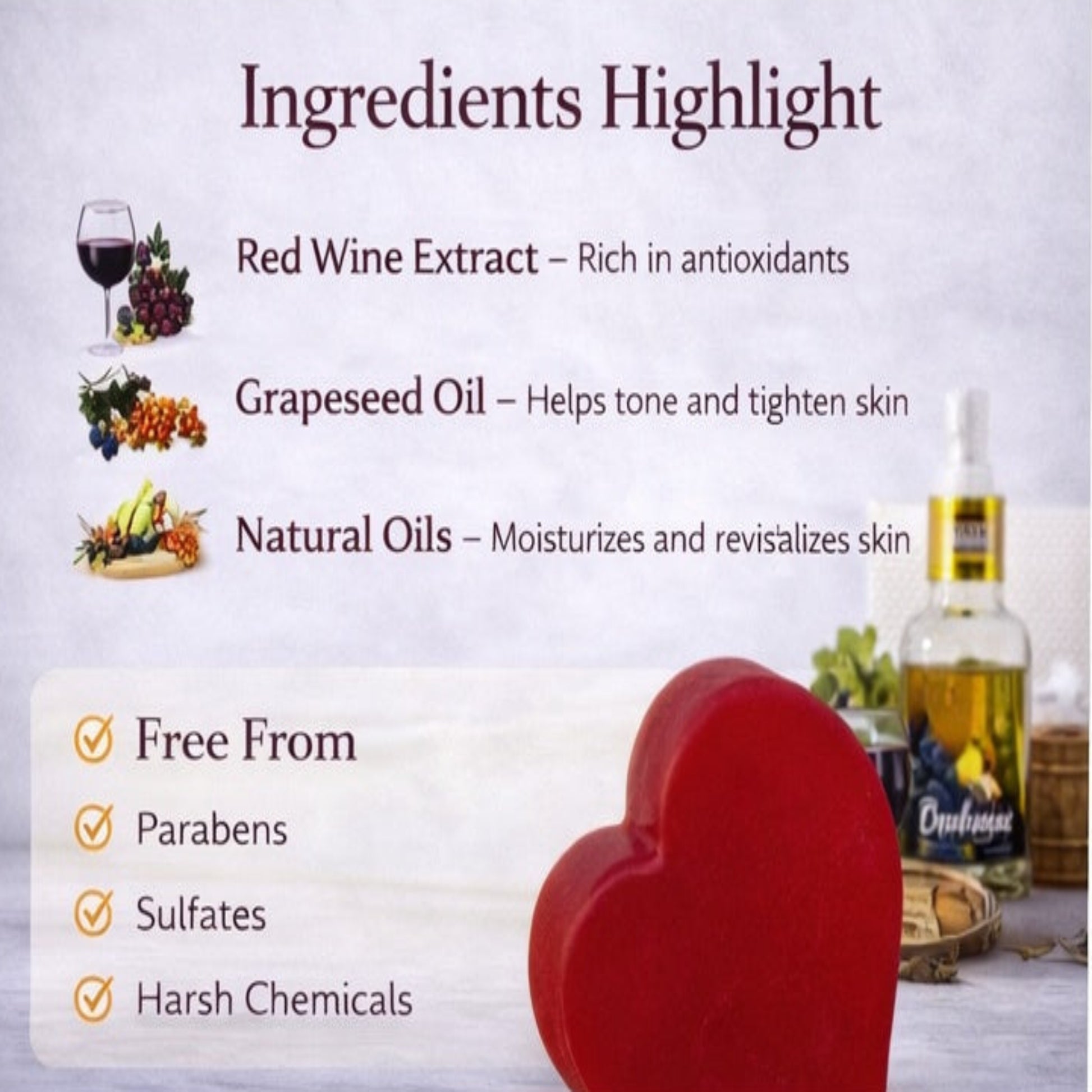Product ingredients list with red wine extract, grapeseed oil, and natural oils, featuring a heart-shaped container.