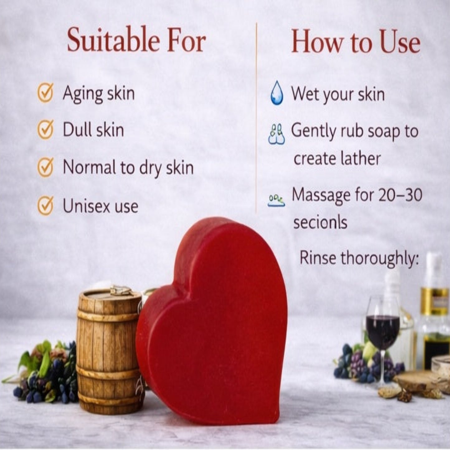 Red heart-shaped soap with usage instructions and benefits on a gray background