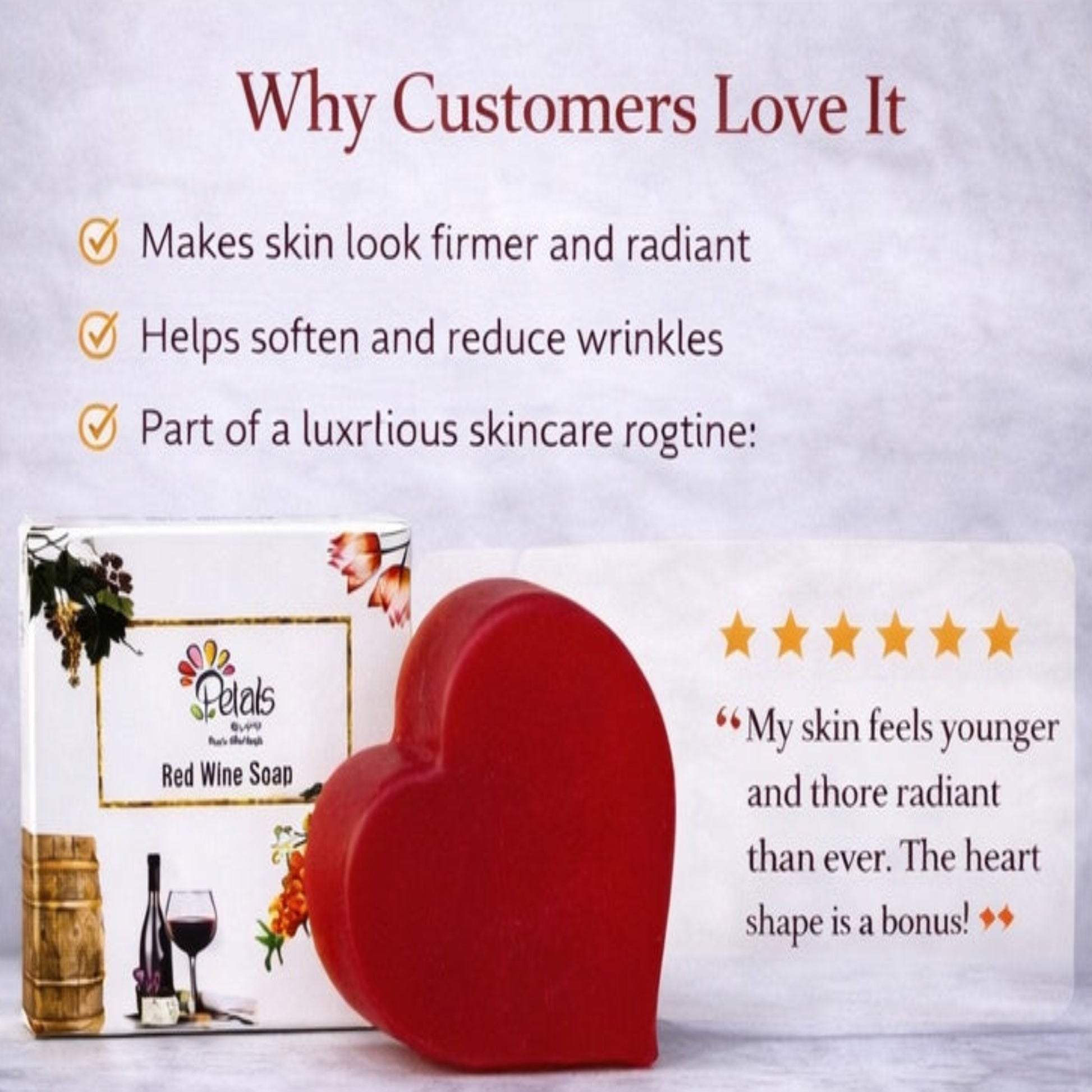 Red heart-shaped soap with a box labeled 'Red Wine Soap' on a light gray background, featuring text about skincare benefits.